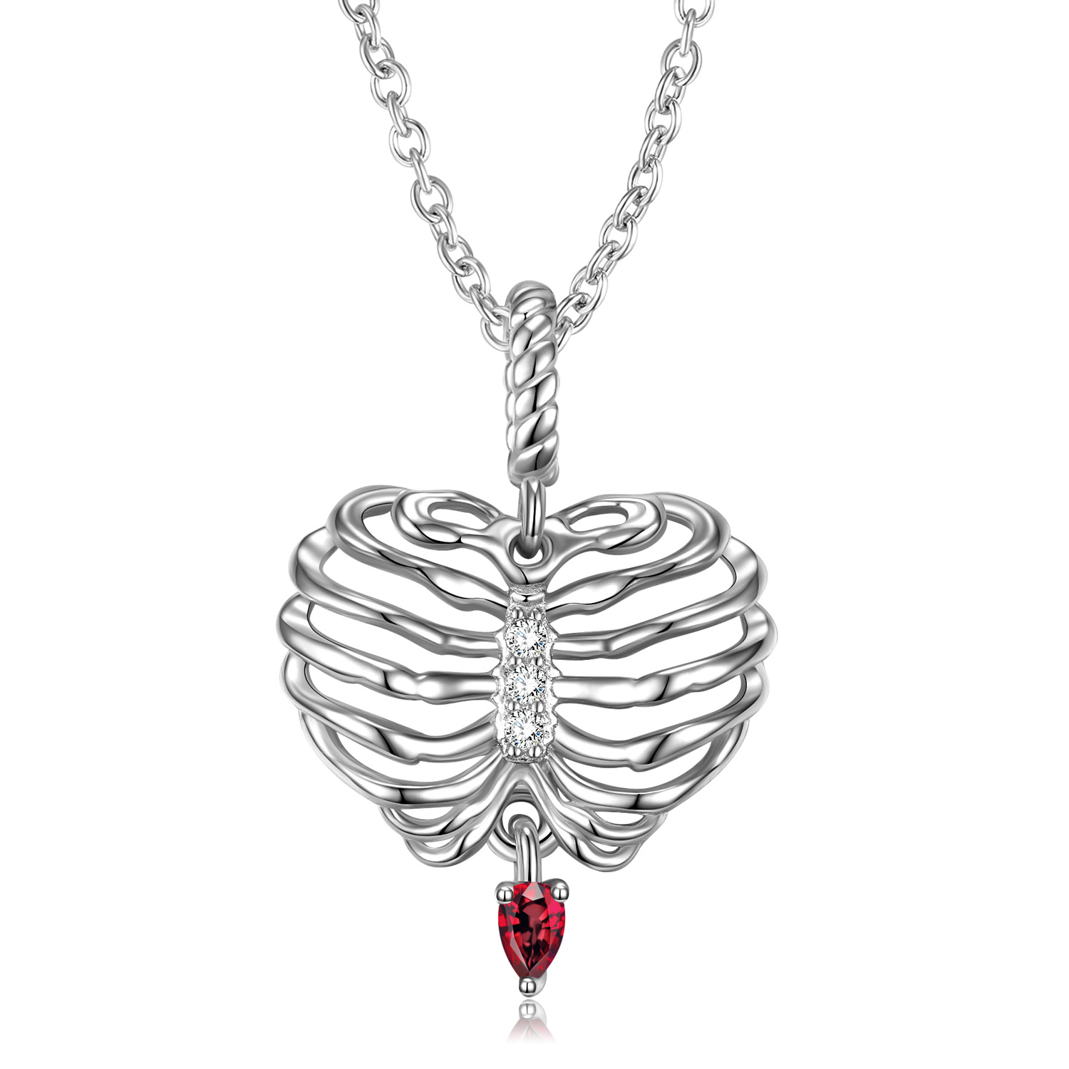 Cz Heart Shaped Skeleton Pendanat Sterling Silver Necklace