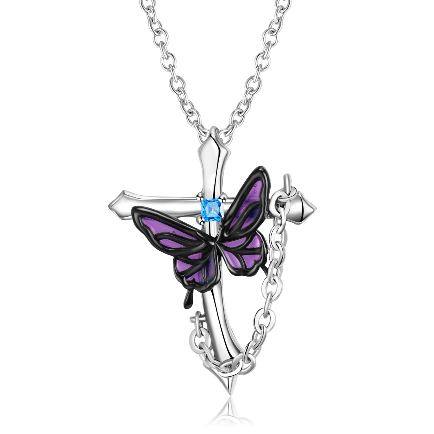 Cz Cross Purple Butterfly Pendanat Sterling Silver Necklace