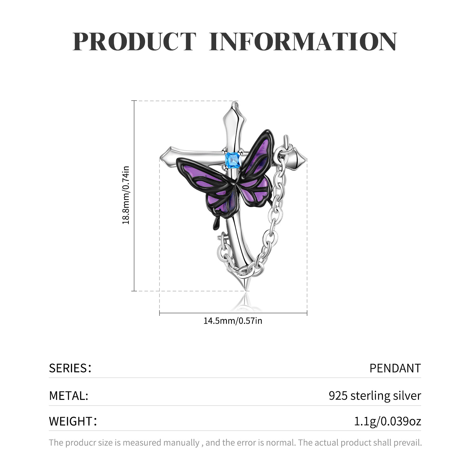 Cz Cross Purple Butterfly Pendanat Sterling Silver Necklace