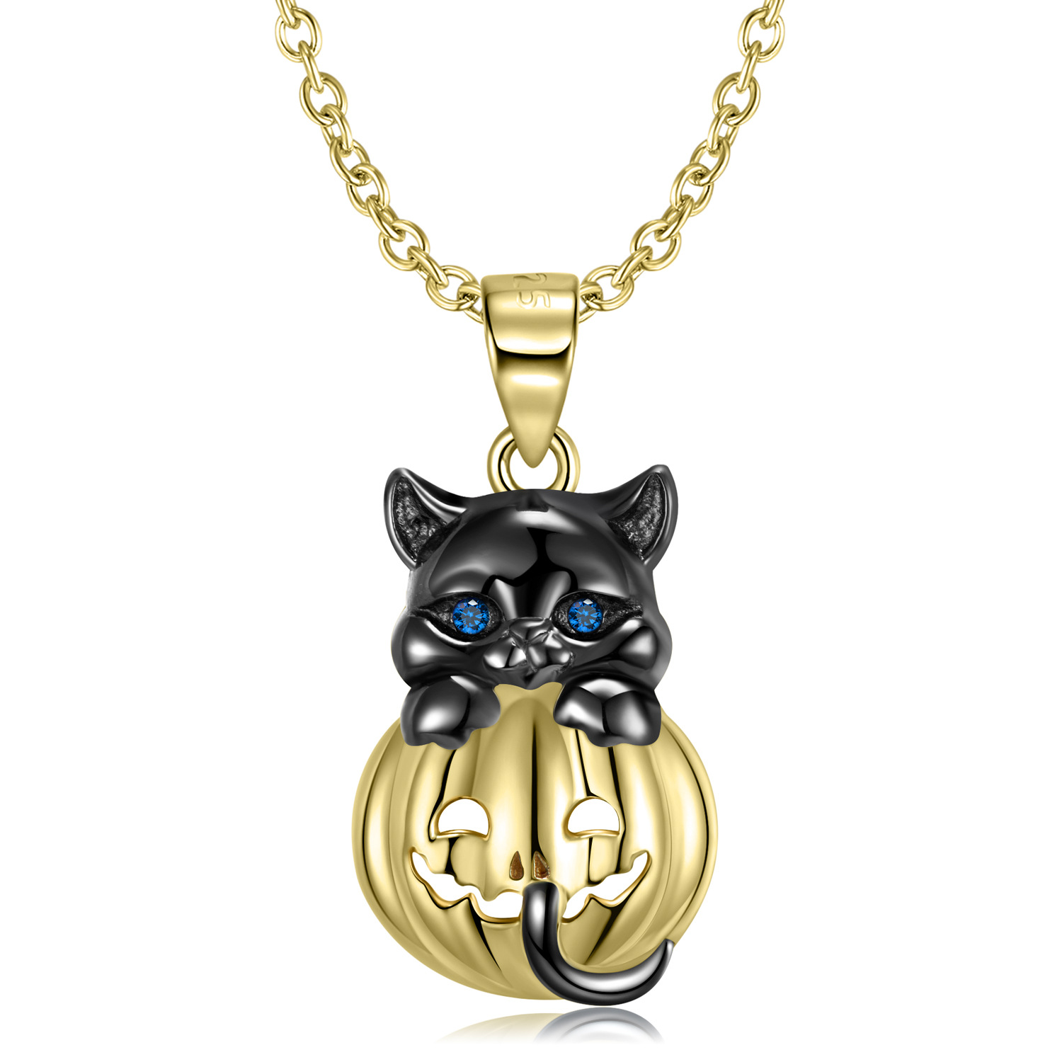Cz Gold Plated Black Cat Pumpkin Pendanat Sterling Silver Necklace