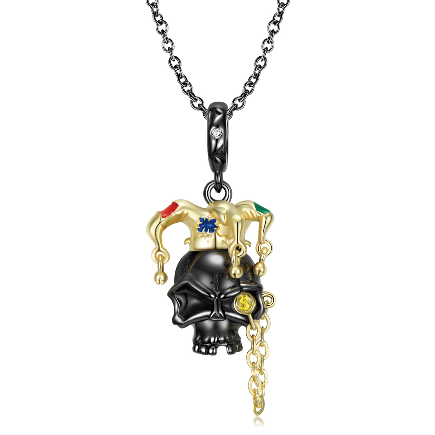 Cz Black Clown Skull Pendanat Sterling Silver Necklace