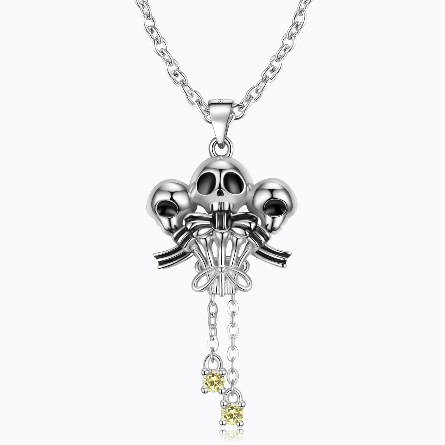 Cz Three Sided Skull Sterling Silver Pendant Necklace