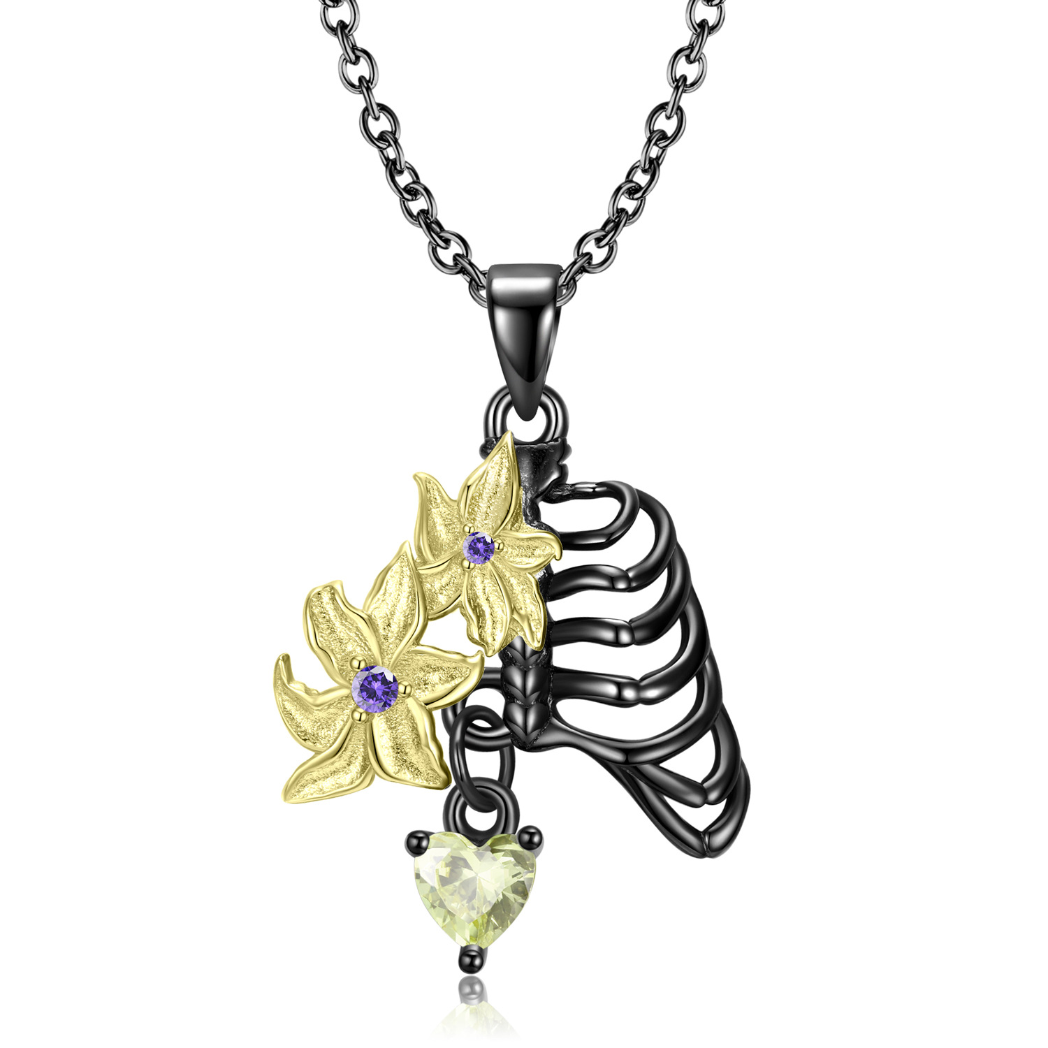 Cz Black Gold Plated Floral Skeloton Sterling Silver Pendant Necklace