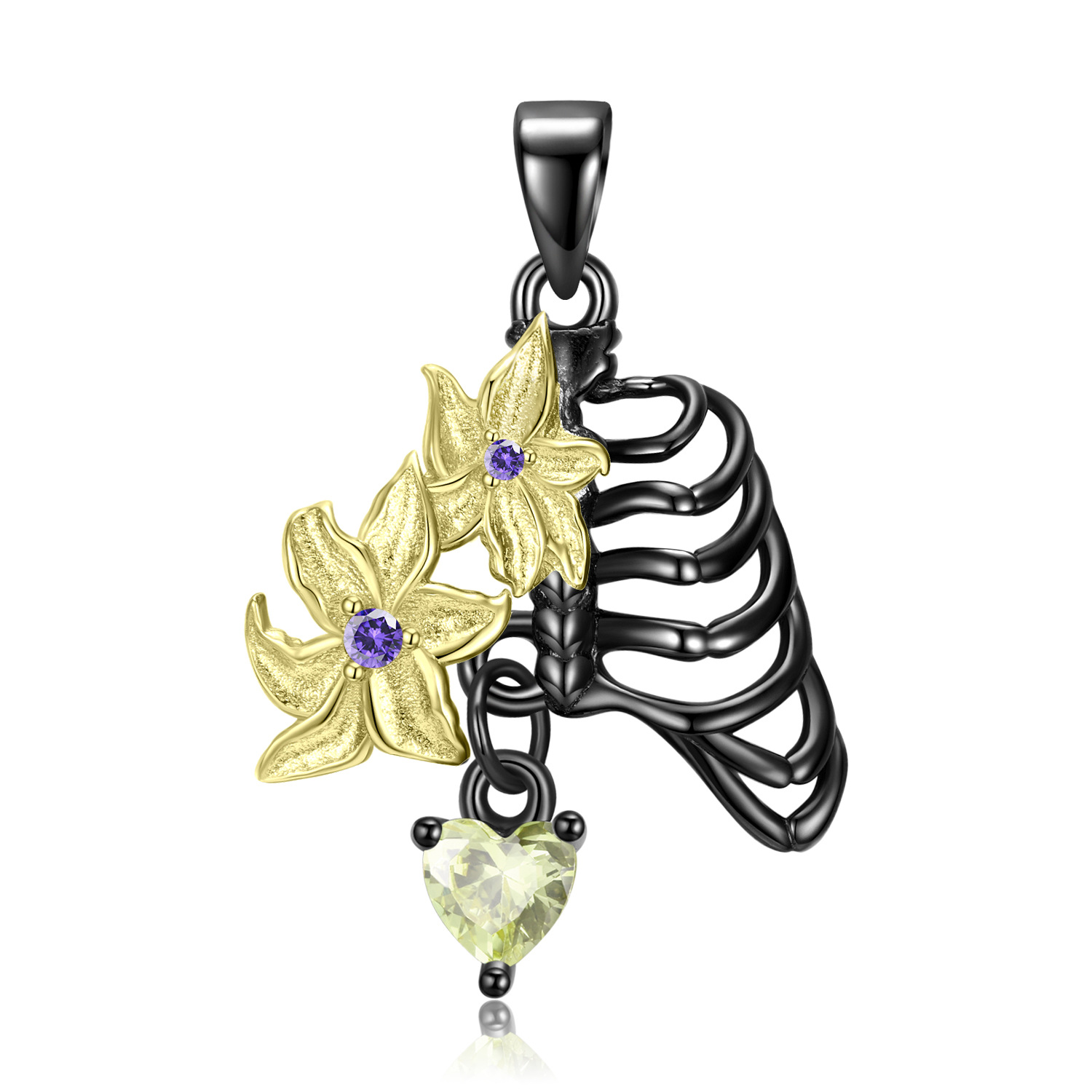 Cz Black Gold Plated Floral Skeloton Sterling Silver Pendant Necklace