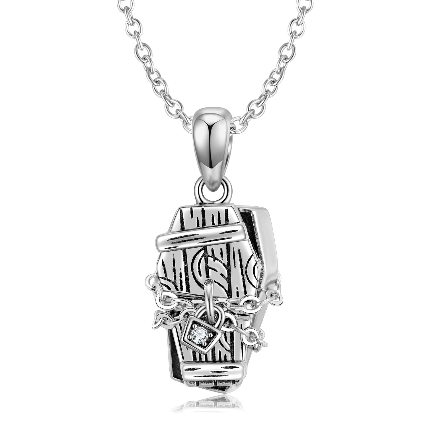 Cz Seal Coffin Chain Sterling Silver Pendant Necklace