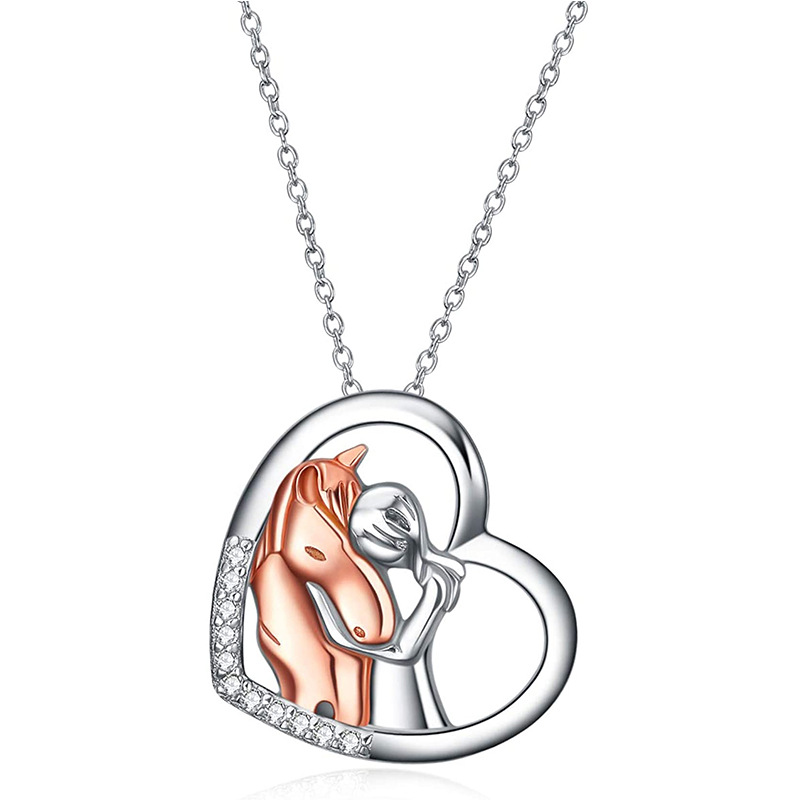 Heart-Shaped Two-Color Girl and Horse Sterling Silver Pendant