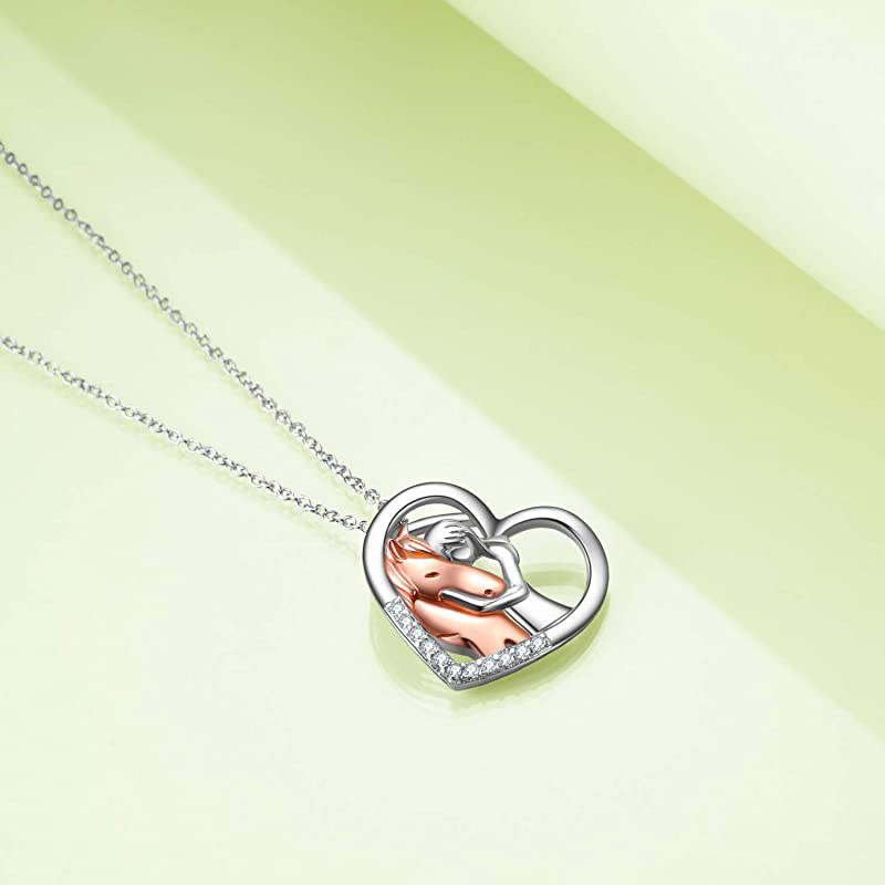 Heart-Shaped Two-Color Girl and Horse Sterling Silver Pendant
