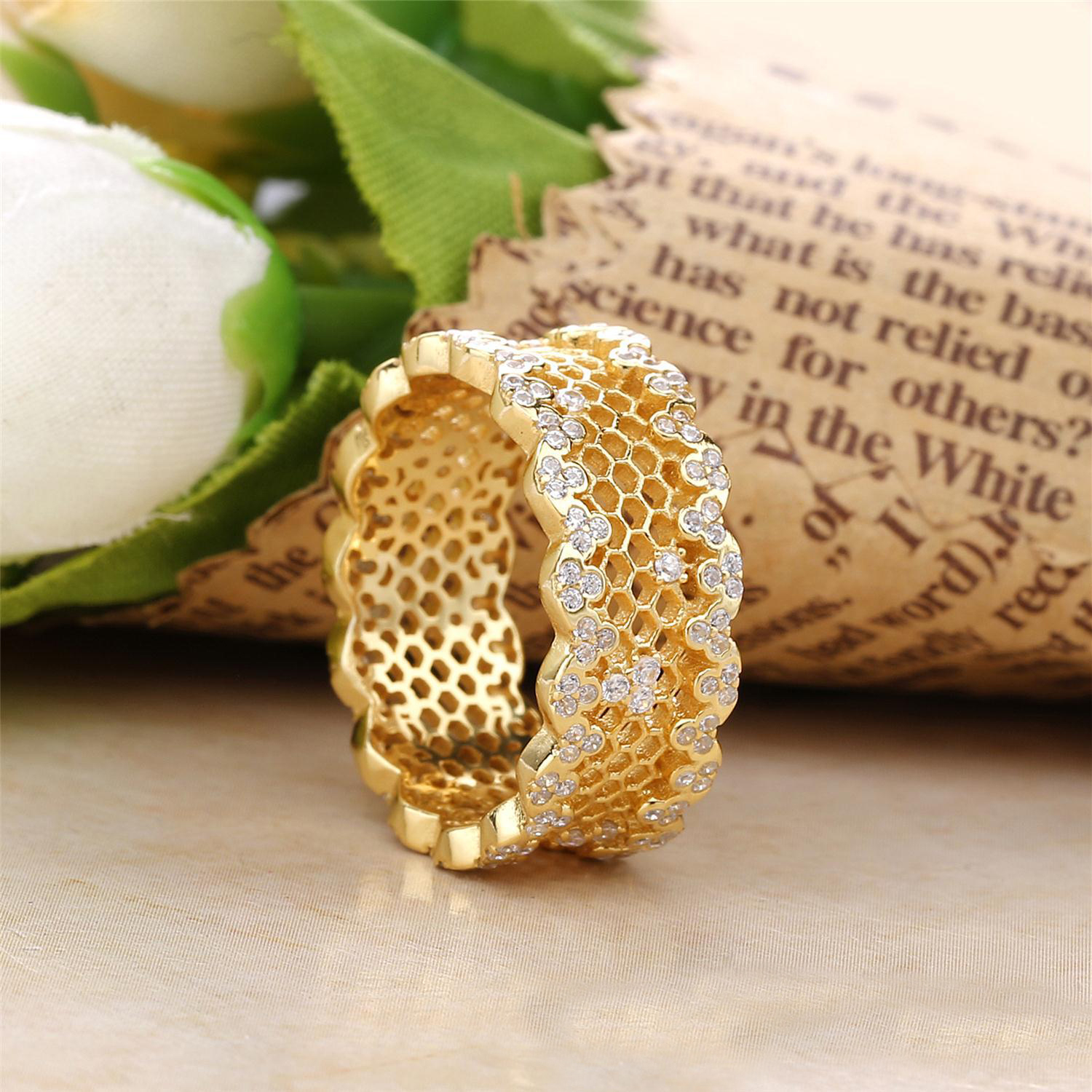 18K Gold Plated Honeycomb Lace Sterling Silver Ring