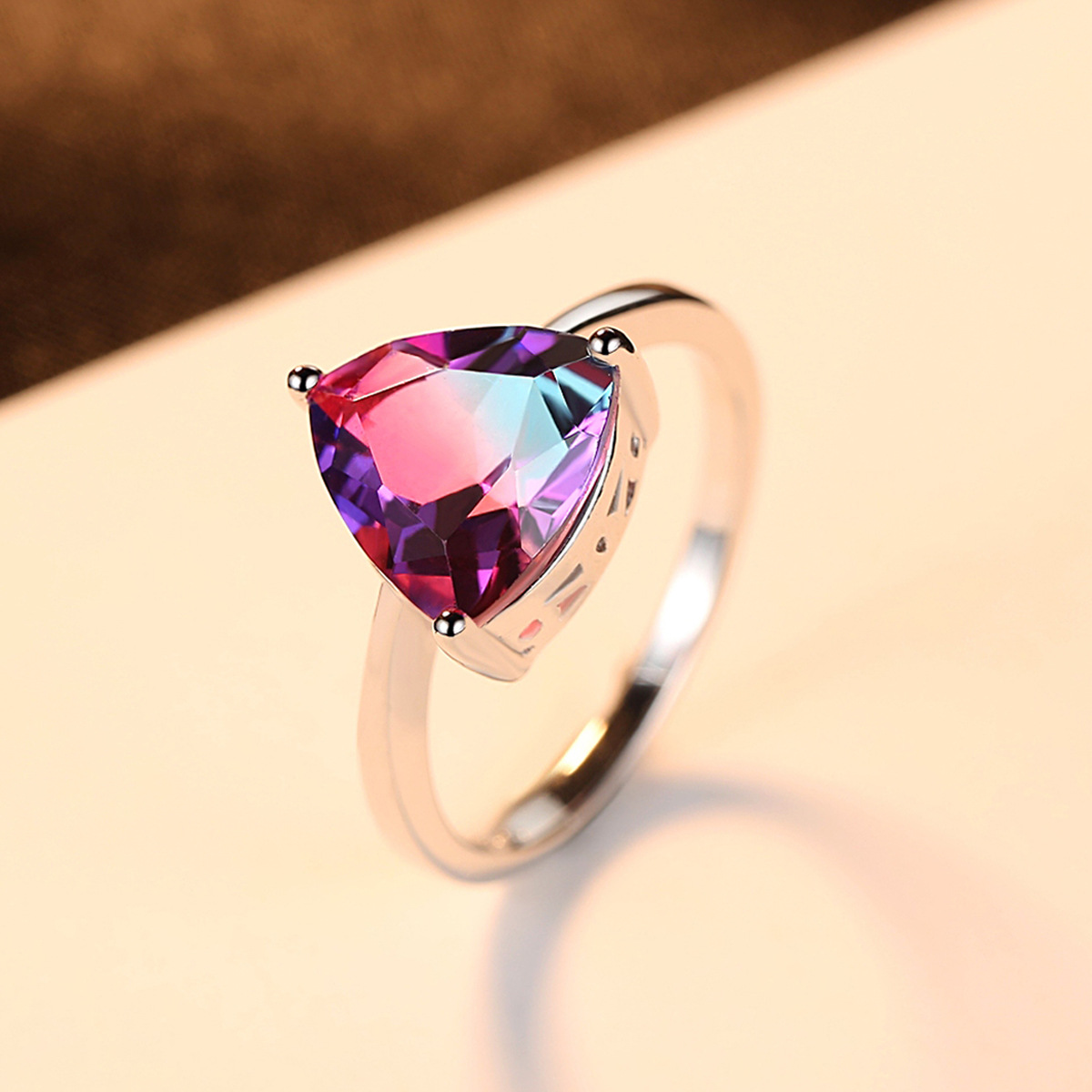 Sterling Silver Luxury Rainbow Stone Flower Ring