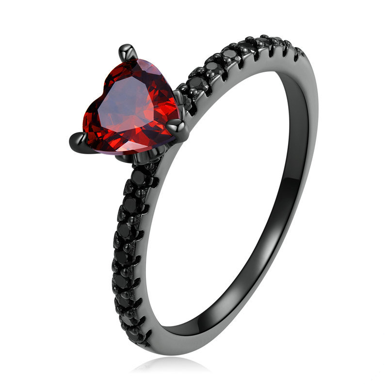 Black Gold Plated Red Stone Heart Shaped Halloween Dark Night Heart Sterling Silver Ring