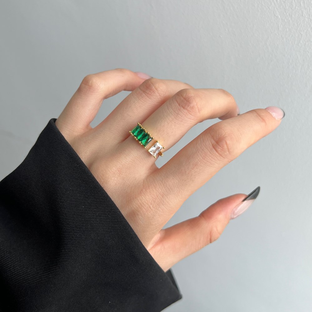 Cz Gold Plated Treasure Green Open Sterling Silver Ring