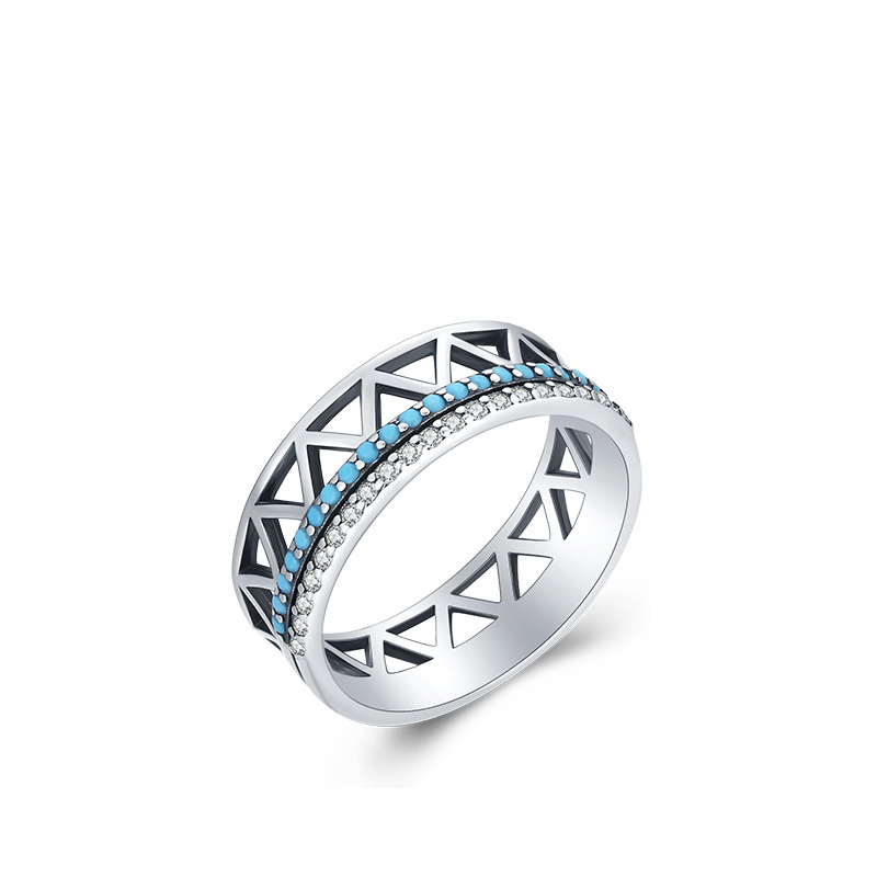 Rhodium Plated Cz Turquoise Geometric Triangle Sterling Silver Ring