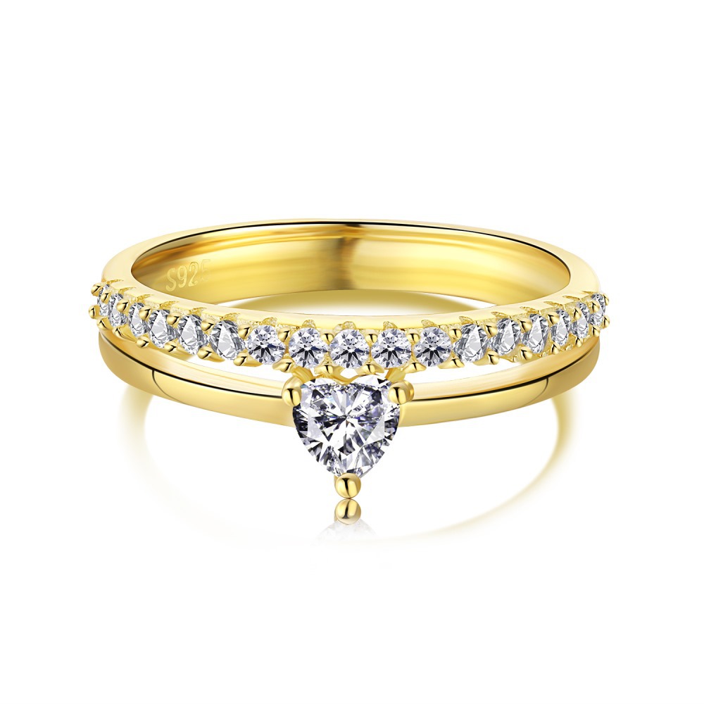 Cz Gold Plated Double Decker Wedding Sterling Silver Ring