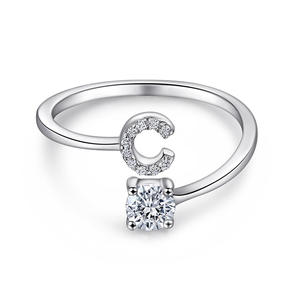 A-Z26 Cz English Letter C Open  Sterling Silver Ring