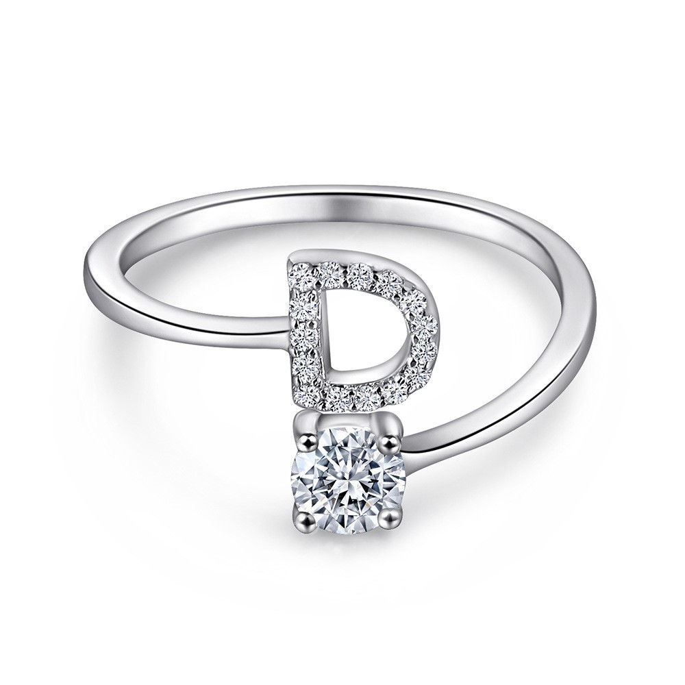 A-Z26 Cz English Letter D Open  Sterling Silver Ring