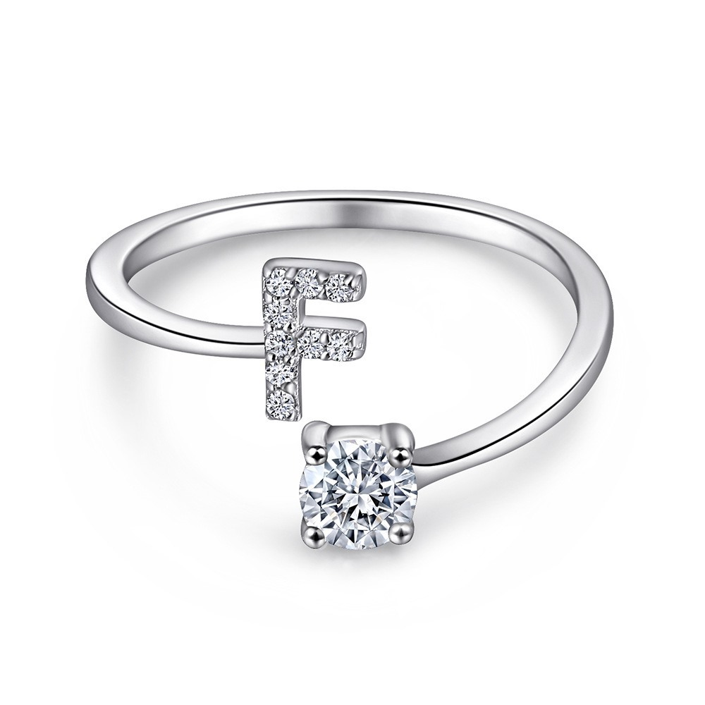 A-Z26 Cz English Letter F Open  Sterling Silver Ring