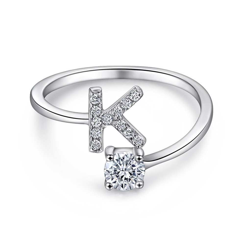 A-Z26 Cz English Letter K Open  Sterling Silver Ring