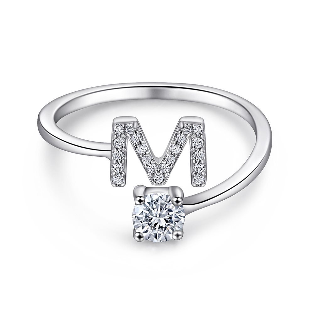A-Z26 Cz English Letter M Open  Sterling Silver Ring
