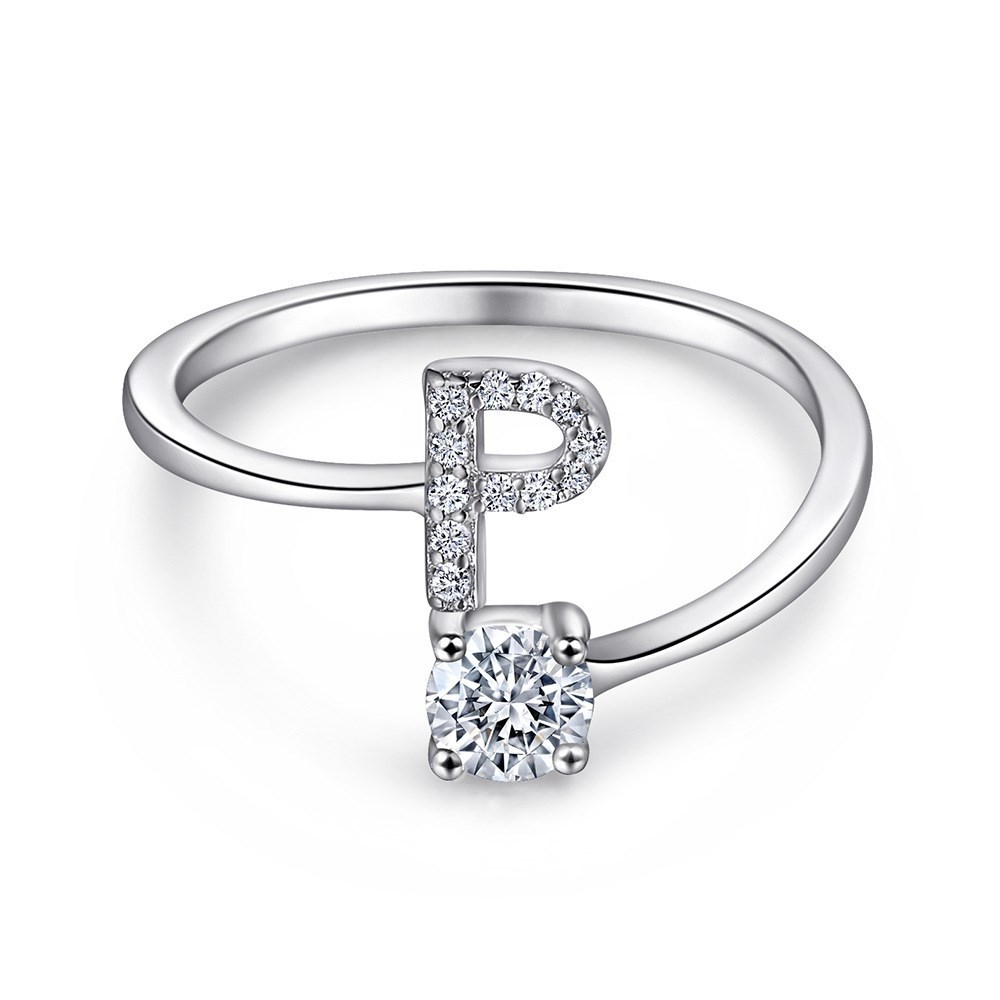 A-Z26 Cz English Letter P Open  Sterling Silver Ring