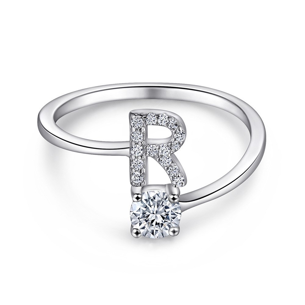 A-Z26 Cz English Letter R Open  Sterling Silver Ring