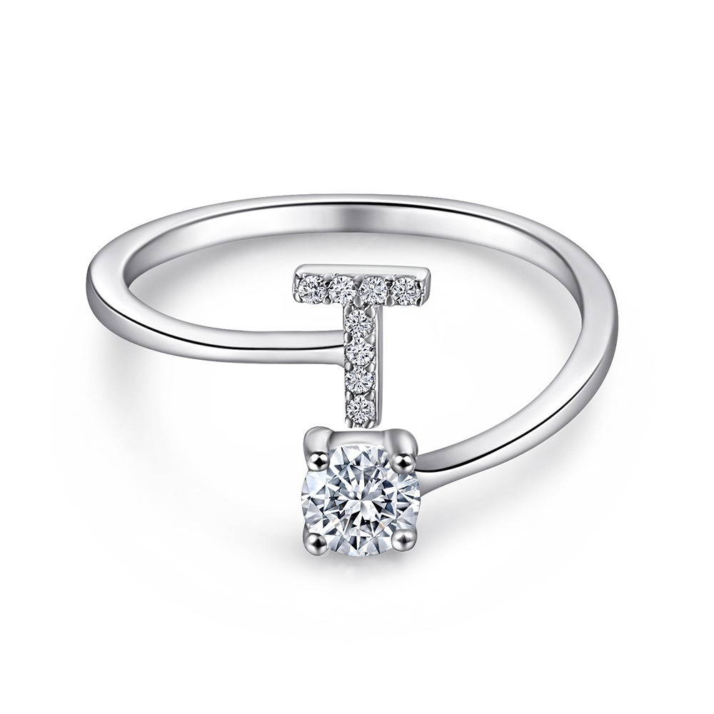 A-Z26 Cz English Letter T Open  Sterling Silver Ring