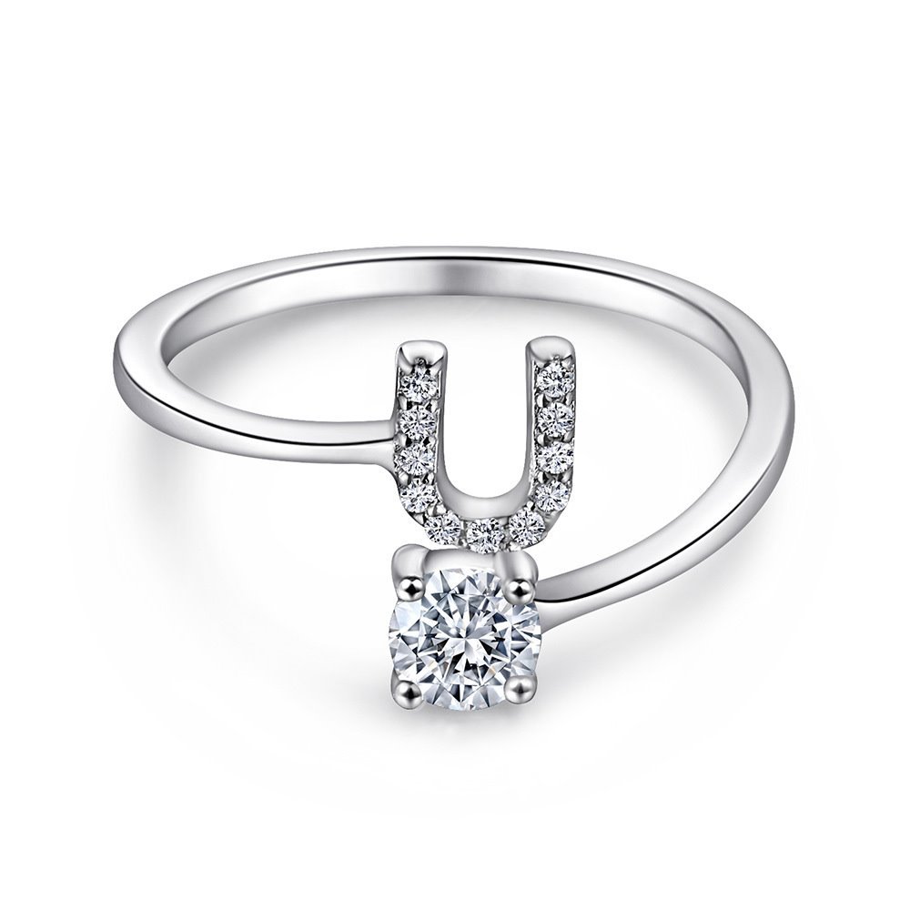 A-Z26 Cz English Letter U Open  Sterling Silver Ring