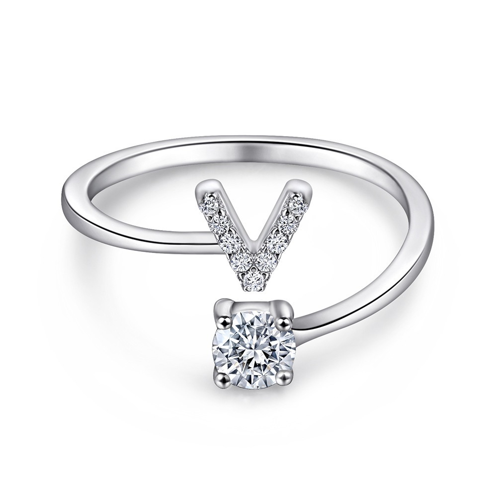 A-Z26 Cz English Letter V Open  Sterling Silver Ring