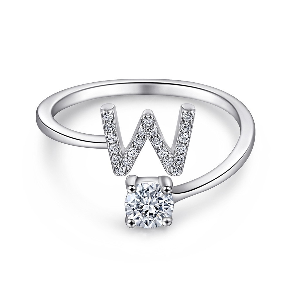 A-Z26 Cz English Letter W Open  Sterling Silver Ring
