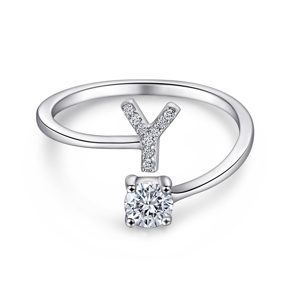 A-Z26 Cz English Letter Y Open  Sterling Silver Ring