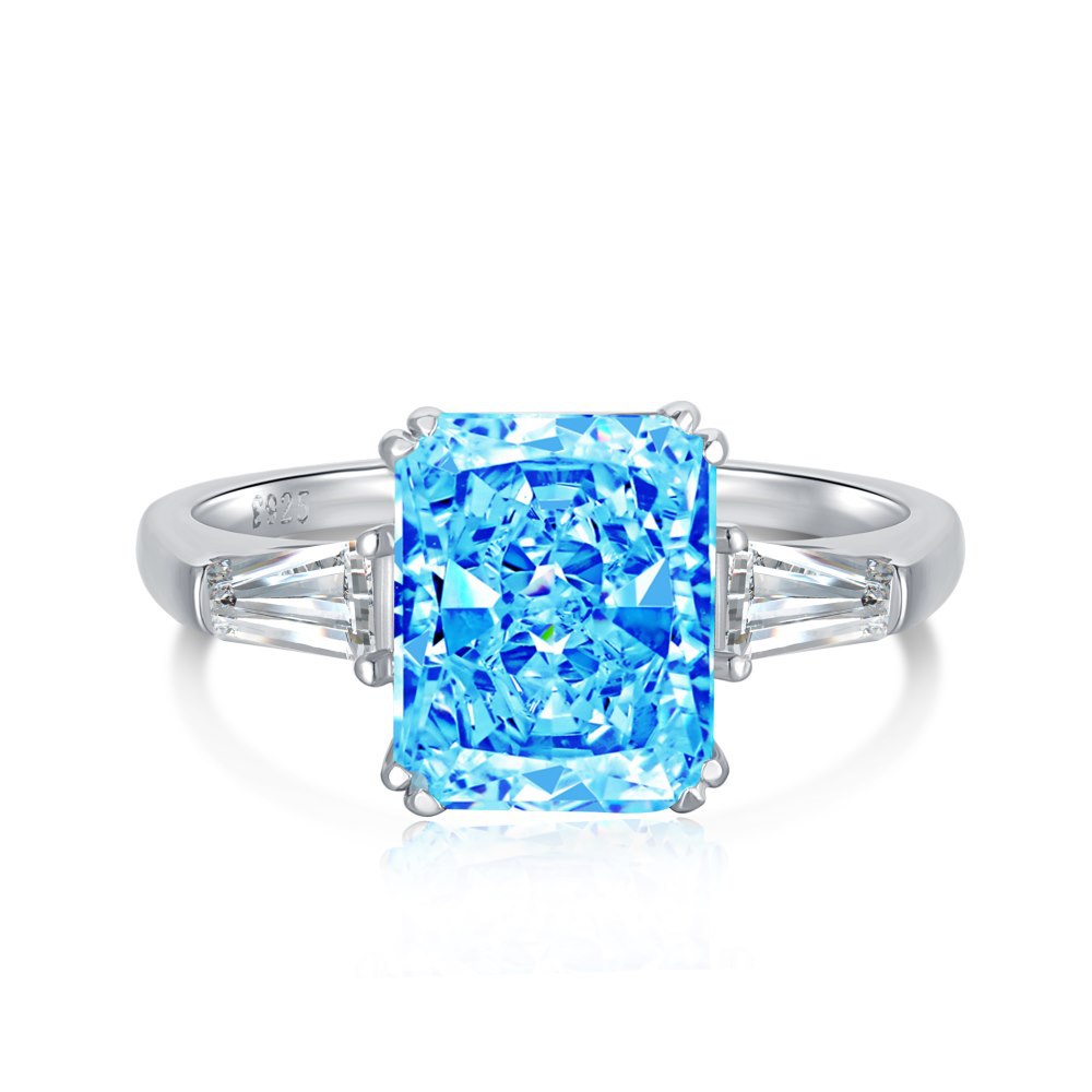 8A Cz Rectangular Blue Ice Cut Sterling Silver Ring