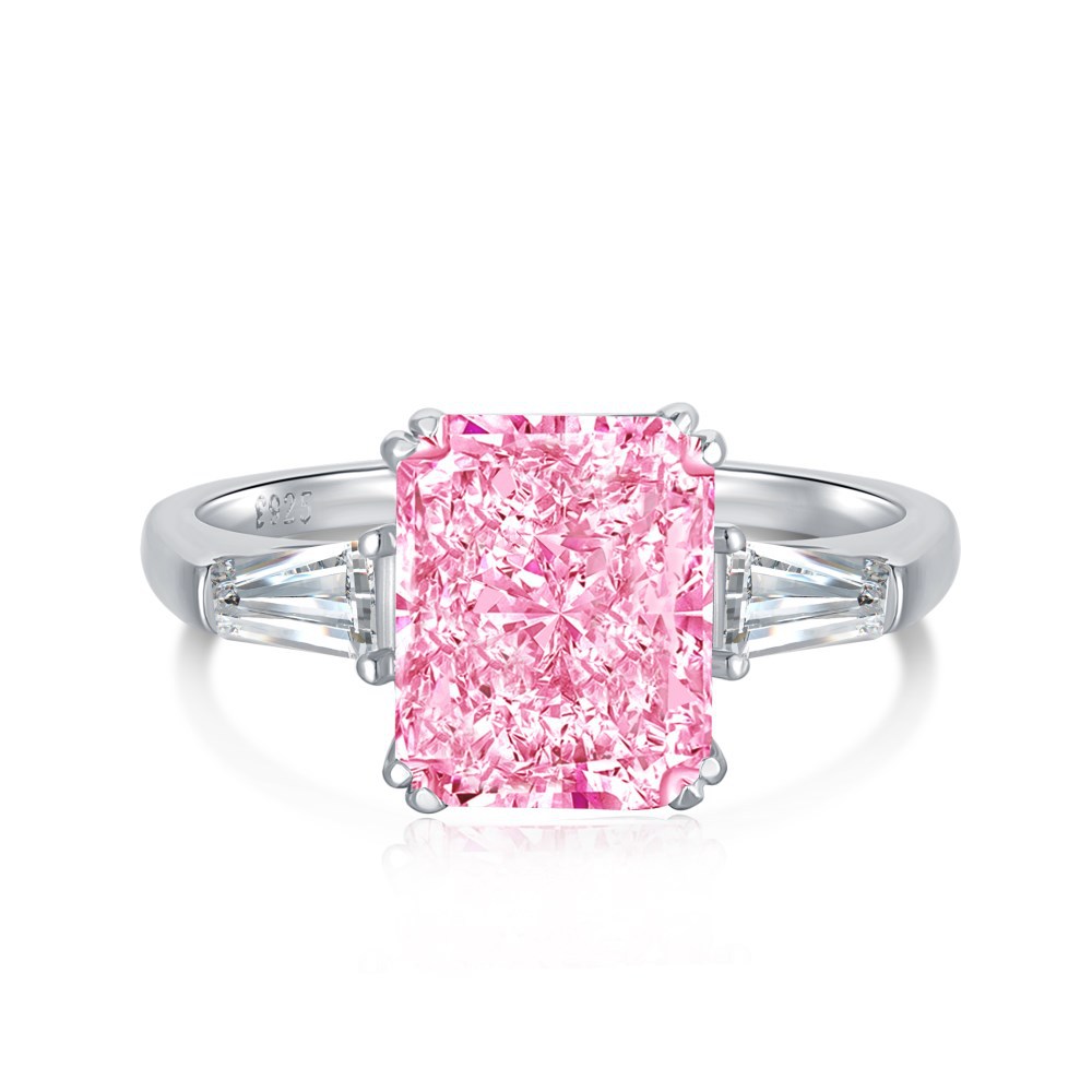 8A Cz Rectangular Pink Ice Cut Sterling Silver Ring