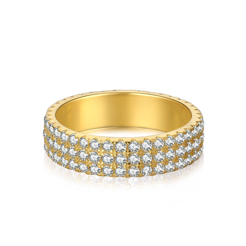 Cz Micro Set With three Rows Of Gold Plated Diamond Wheels Wide  Sterling Silver Ring