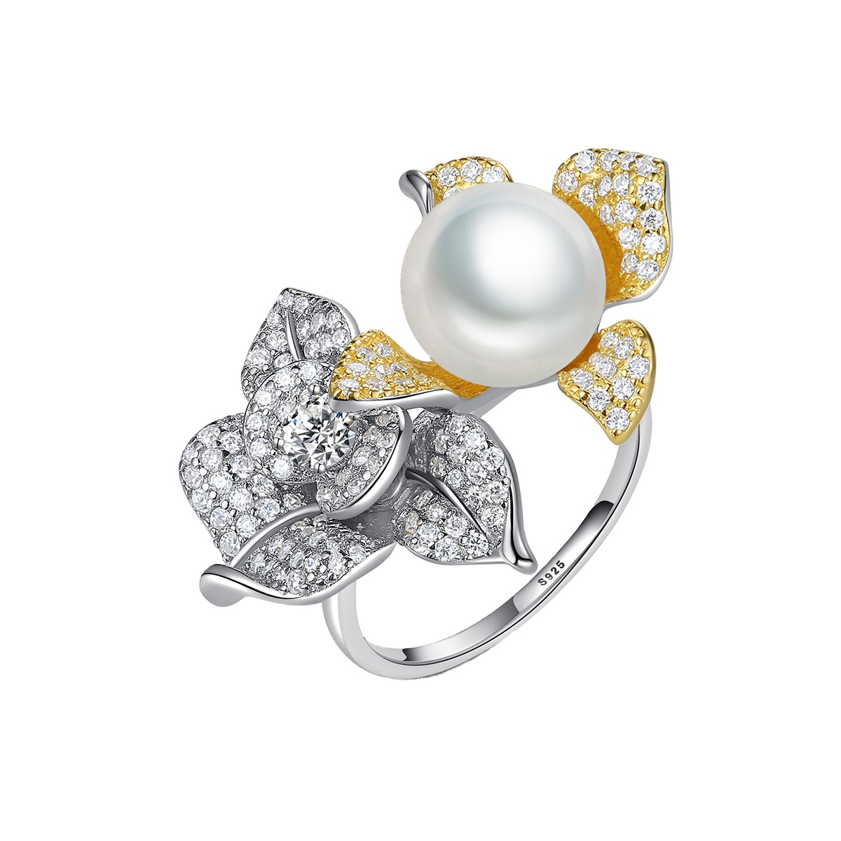 Cz White Pearl Glass Bead Rose Shaped Rhodium Plated Sterling Silver Ring
