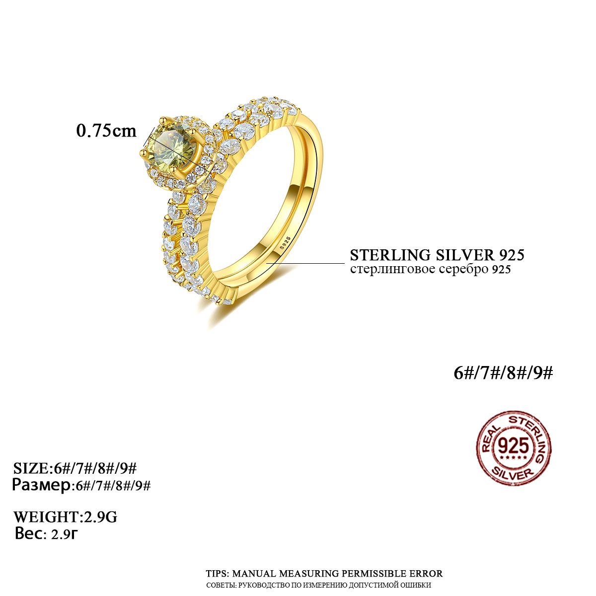 Cz 18K Gold Plated Micro Inlaid Six-Claw Sterling Silver Ring