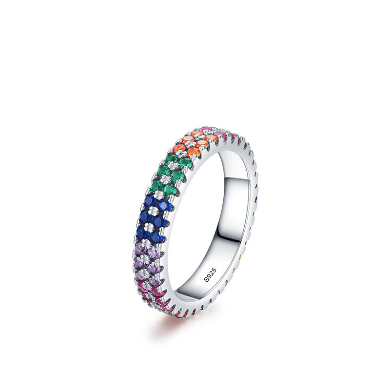 Cz Fashion Personality Rainbow Full Diamond Stack Sterling Silver Ring
