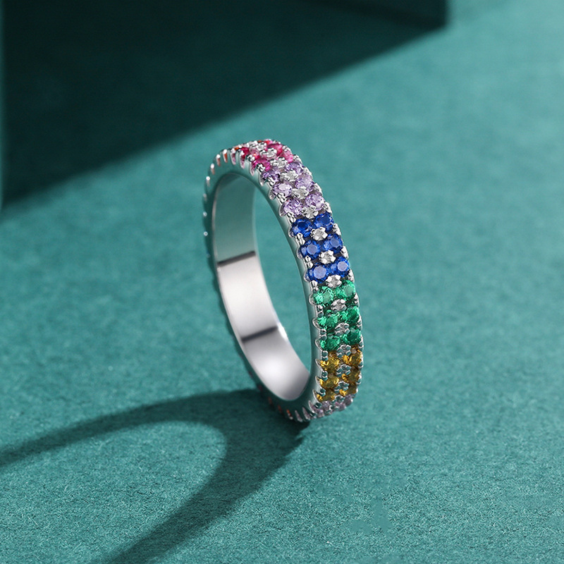 Cz Fashion Personality Rainbow Full Diamond Stack Sterling Silver Ring