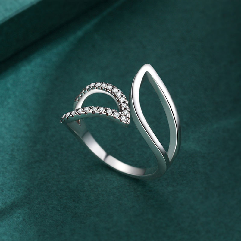 Cz Vintage Diamond Leaf Opening Sterling Silver Ring