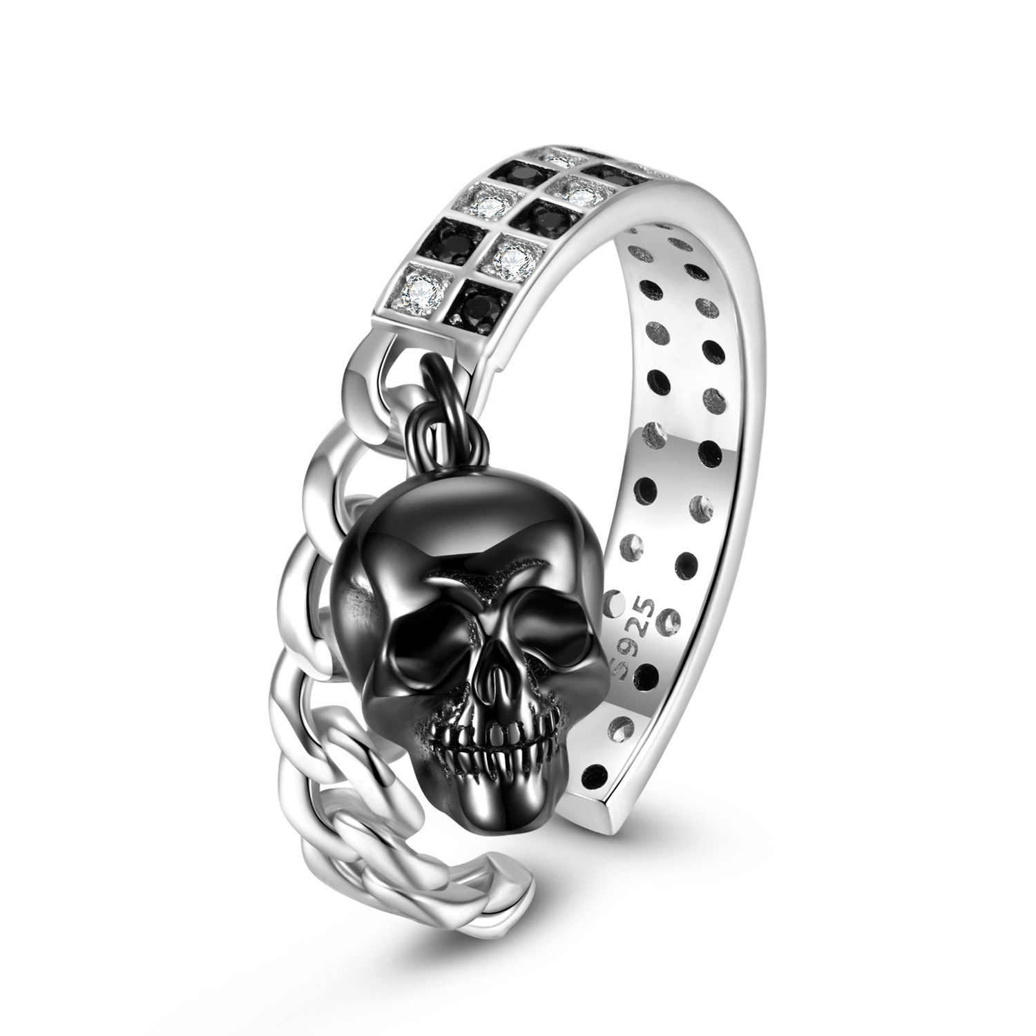 Cz Black And White Mosaic Skull Opening Sterling Silver Ring