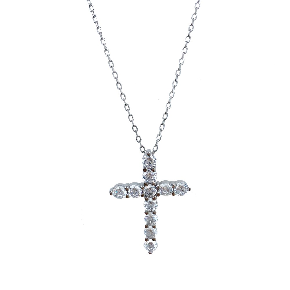 5A Cz Rhodium Plated Cross Sterling Silver Chain Pendant Necklace