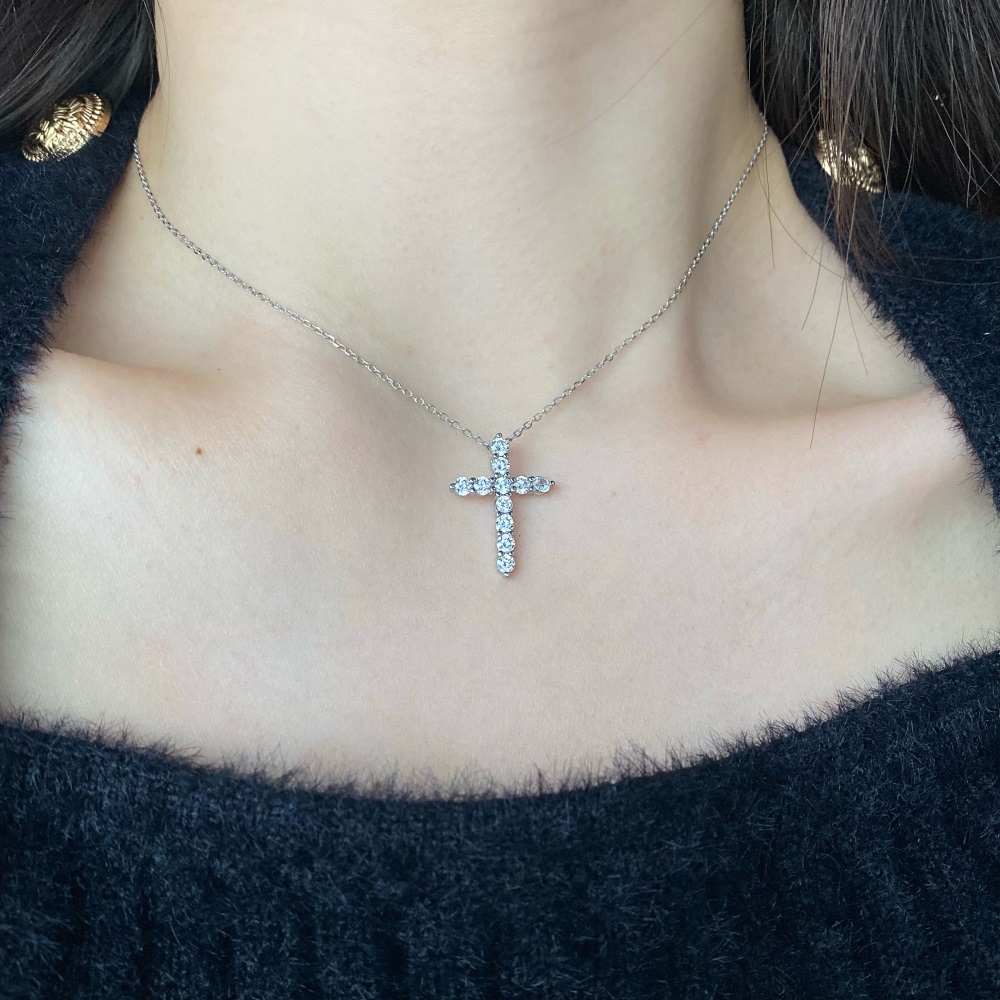 5A Cz Rhodium Plated Cross Sterling Silver Chain Pendant Necklace